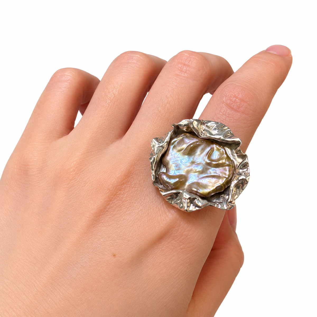Petal Pearl Silver Ring worn on hand