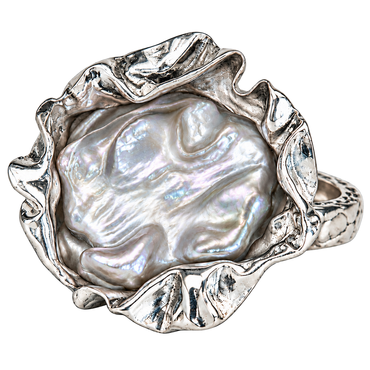 Handmade S999 fine silver Petal Pearl ring
