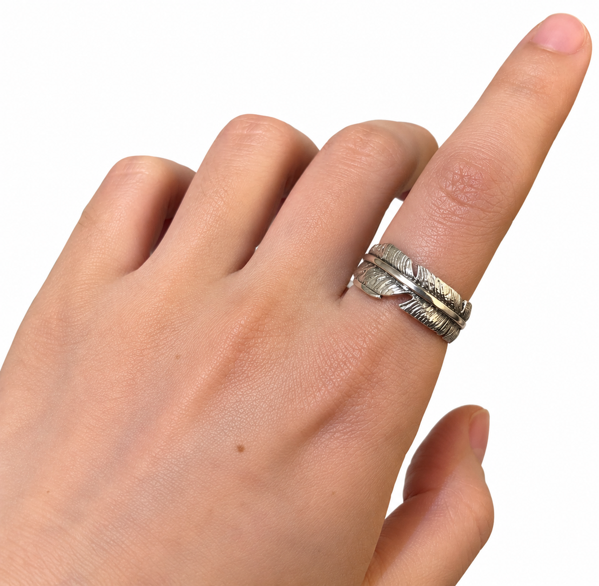 S999 Silver Feather Ring worn on hand